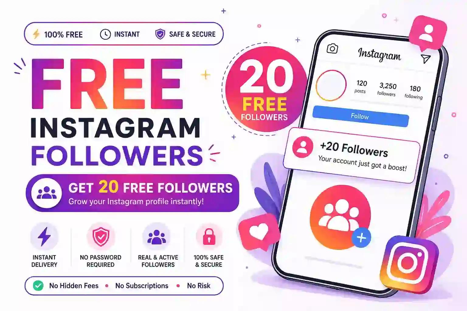 Get 20 free Instagram Followers instantly from Subwish